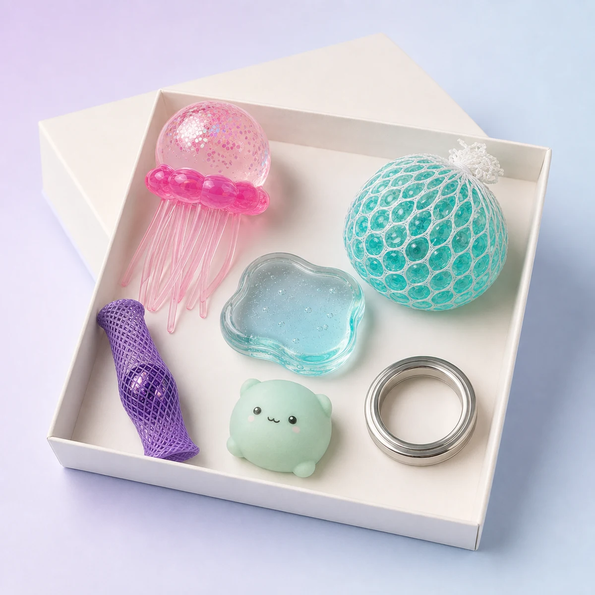 The Calm Starter Bundle: six distinct calming fidget toys arranged in an open gift box on a soft pastel background