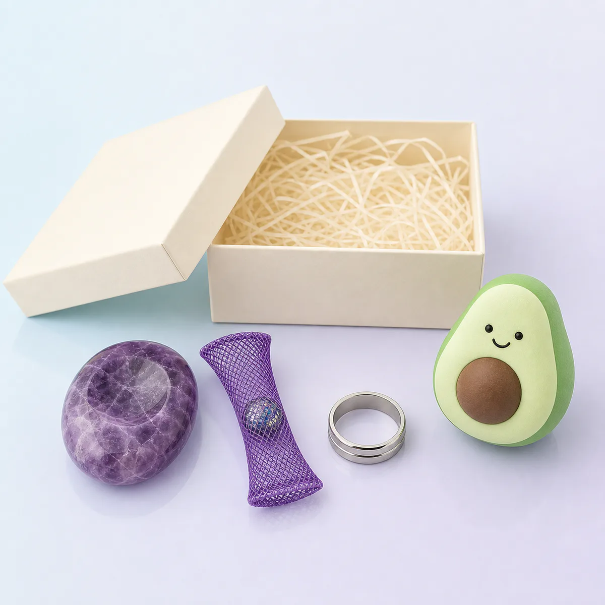 The Exam Calm Kit: four silent fidgets arranged beside an open gift box