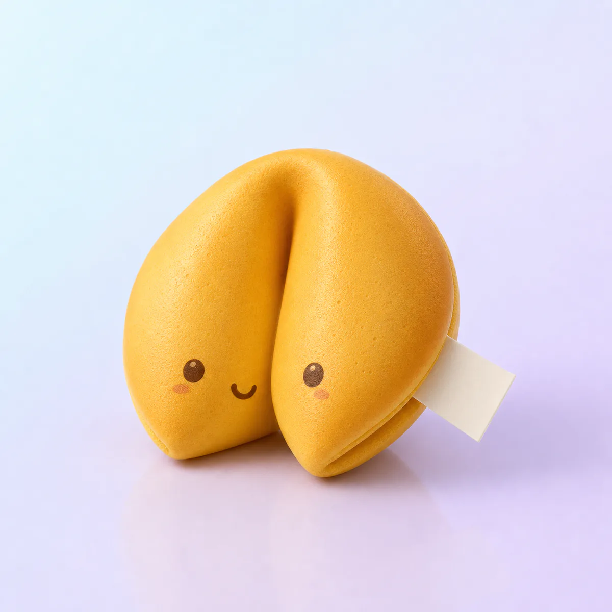 Lucky Fortune Cookie Squishy: golden folded foam toy with a blank slip on a soft pastel background