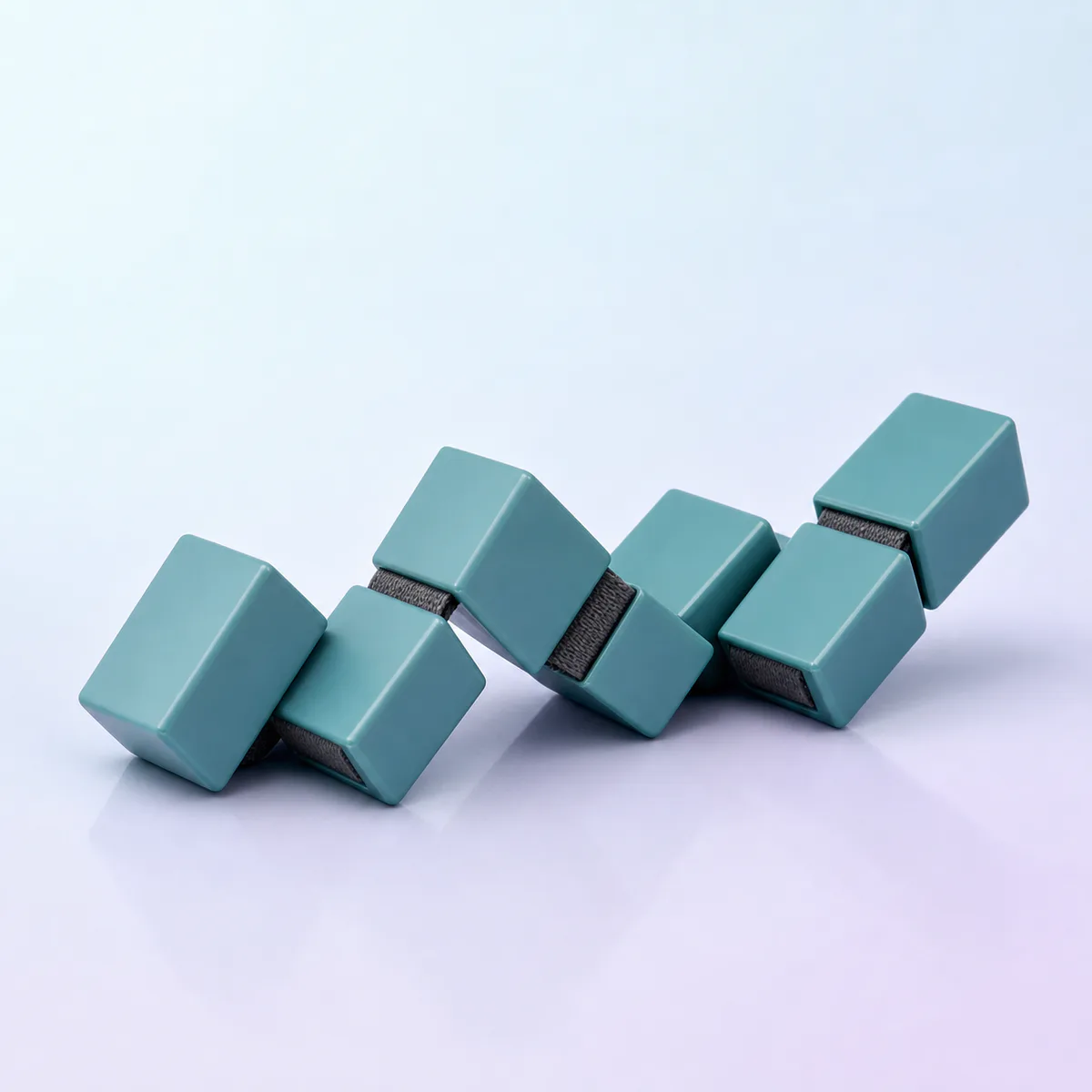 Infinity Flip Cube: eight teal hinged blocks in an open folding position