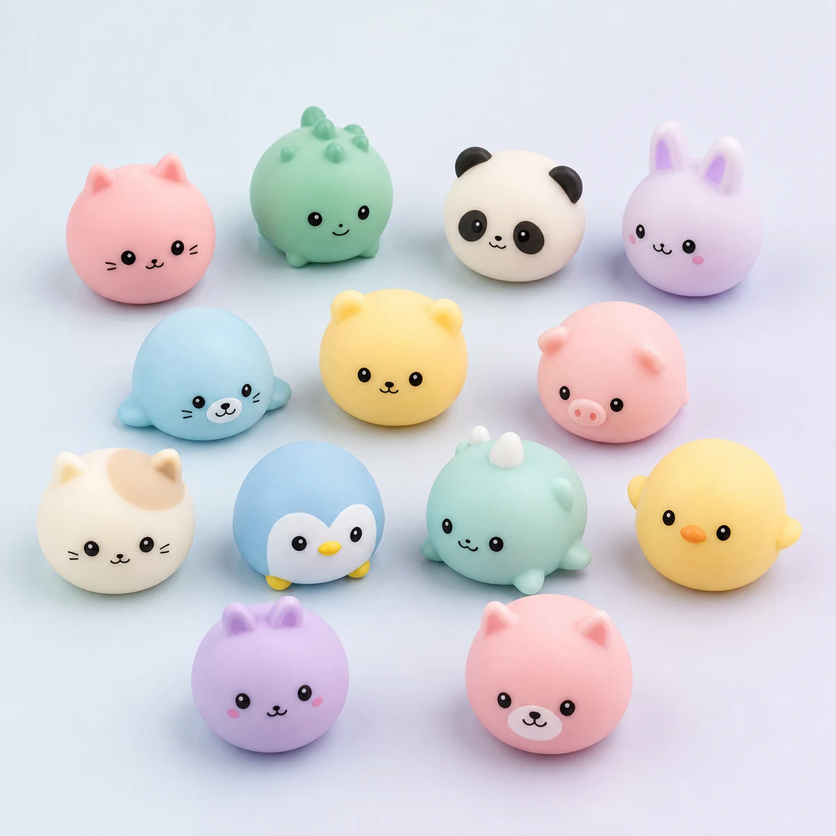 Mini Mochi Animals Squishy Set: twelve pastel animal squishies arranged on a soft pastel background