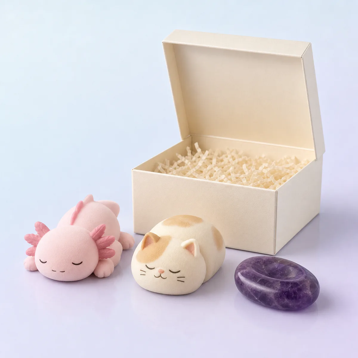 The Sleep & Wind-Down Kit: two sleepy squishies and an amethyst worry stone beside a gift box